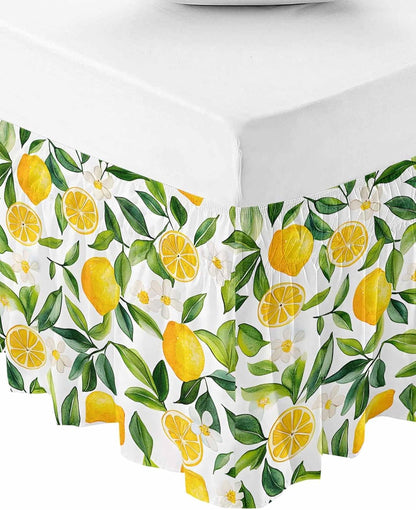 Yellow Lemon Bed Skirt Queen Size 16 Inch Drop, Adjustable Elastic Wrap Around Bed Skirts Easy Fitting Dust Ruffle Bedskirt Bed Frame Cover Botanical White Floral Green Leaves