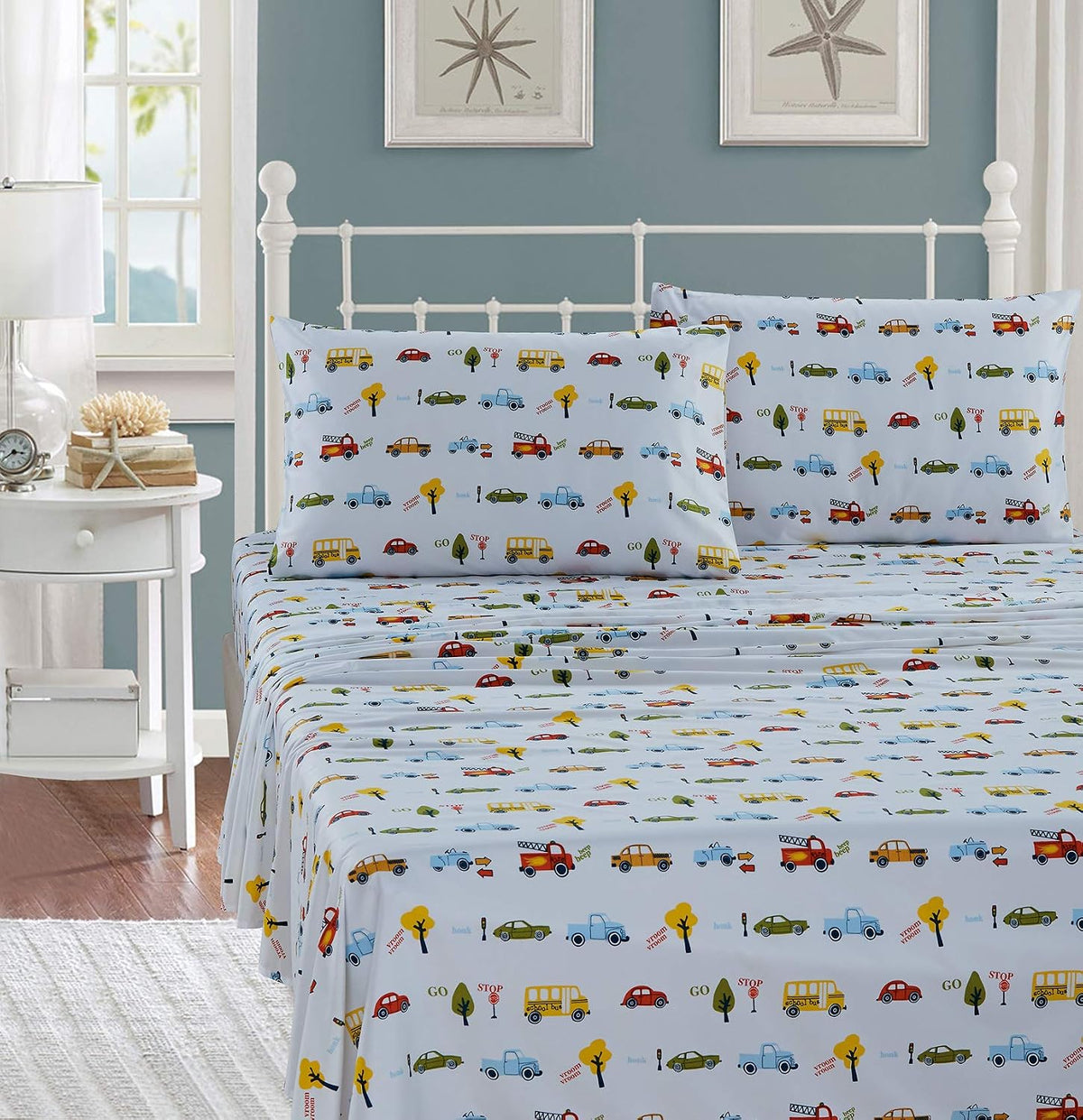 Sheet Set Kids/Teens Children Boys School Bus Fire Truck Taxi Cab Vehicle Transportation Trees Yellow Red Green Light Blue New # School Bus (Full Sheet)