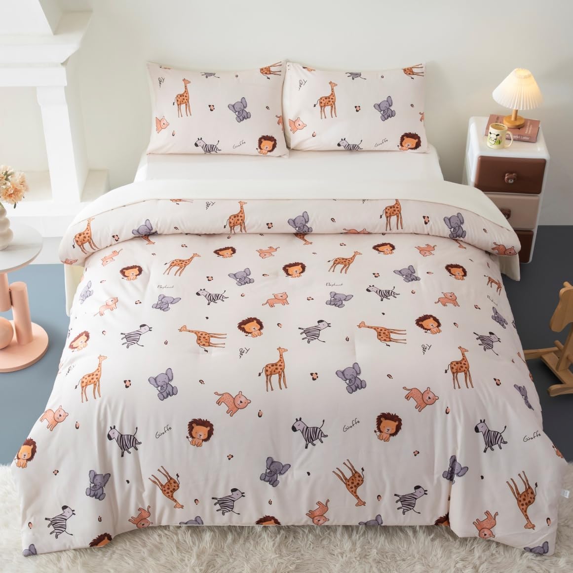 5 Pieces Twin Size Comforter Sets Cute Zoo Animals Bedding Set Neutral Bed Set Light Yellow Bed in A Bag for Girls Boys Kids Teen 1 Comforter 1 Flat Sheet 1 Fitted Sheet 2 Pillowcases