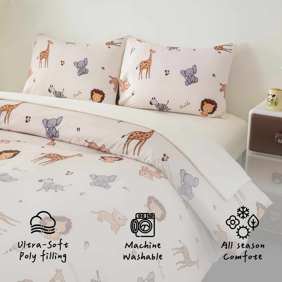 5 Pieces Twin Size Comforter Sets Cute Zoo Animals Bedding Set Neutral Bed Set Light Yellow Bed in A Bag for Girls Boys Kids Teen 1 Comforter 1 Flat Sheet 1 Fitted Sheet 2 Pillowcases