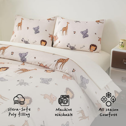 5 Pieces Twin Size Comforter Sets Cute Zoo Animals Bedding Set Neutral Bed Set Light Yellow Bed in A Bag for Girls Boys Kids Teen 1 Comforter 1 Flat Sheet 1 Fitted Sheet 2 Pillowcases