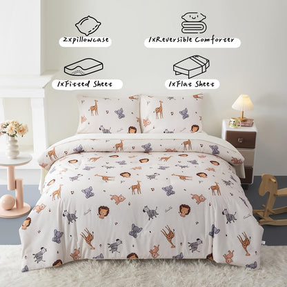 5 Pieces Twin Size Comforter Sets Cute Zoo Animals Bedding Set Neutral Bed Set Light Yellow Bed in A Bag for Girls Boys Kids Teen 1 Comforter 1 Flat Sheet 1 Fitted Sheet 2 Pillowcases