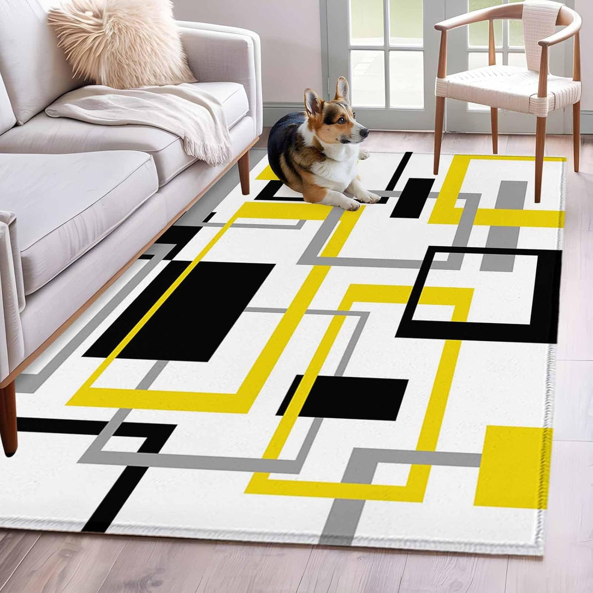 Area Rug Yellow Abstract Lines Non-Slip Indoor Area Rug Modern Art Washable Decorative Floor Carpet for Bedroom Living Room
