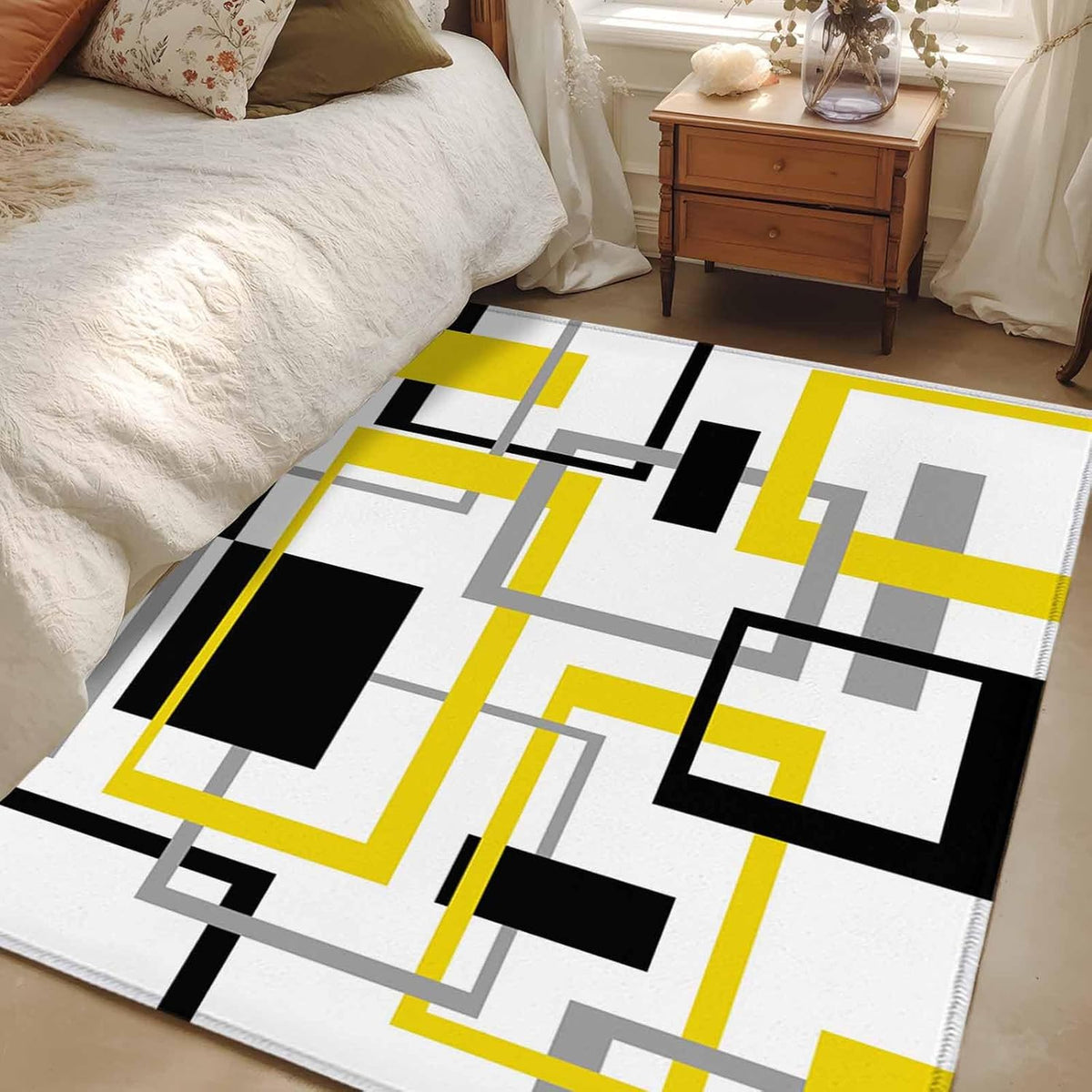 Area Rug Yellow Abstract Lines Non-Slip Indoor Area Rug Modern Art Washable Decorative Floor Carpet for Bedroom Living Room