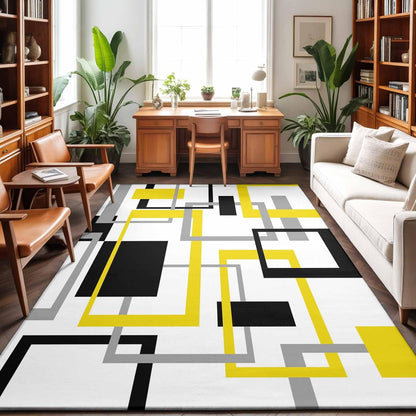 Area Rug Yellow Abstract Lines Non-Slip Indoor Area Rug Modern Art Washable Decorative Floor Carpet for Bedroom Living Room