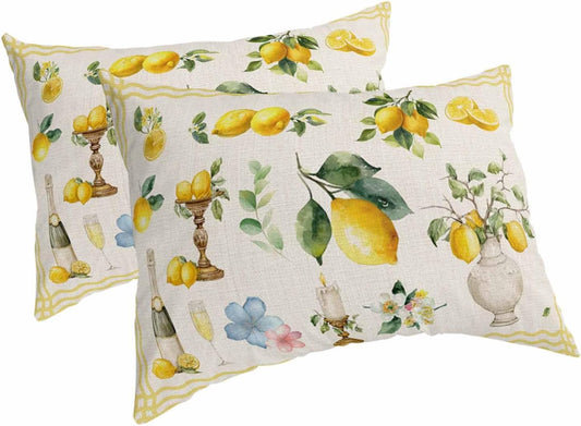 Boho Lemons Pillow Cases Standard Size Set of 2 - Microfiber Bed Throw Pillow Covers, Summer Vintage Yellow Fruits Flowers Leaf Stripe Decorative Lumbar Pillow Cover with Envelope Closure 20"x26"