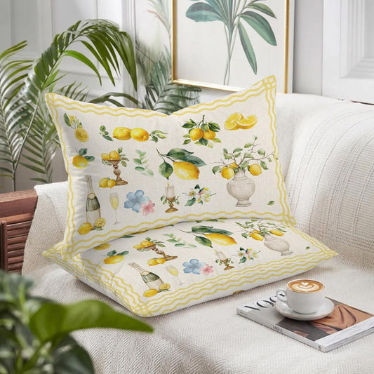 Boho Lemons Pillow Cases Standard Size Set of 2 - Microfiber Bed Throw Pillow Covers, Summer Vintage Yellow Fruits Flowers Leaf Stripe Decorative Lumbar Pillow Cover with Envelope Closure 20"x26"