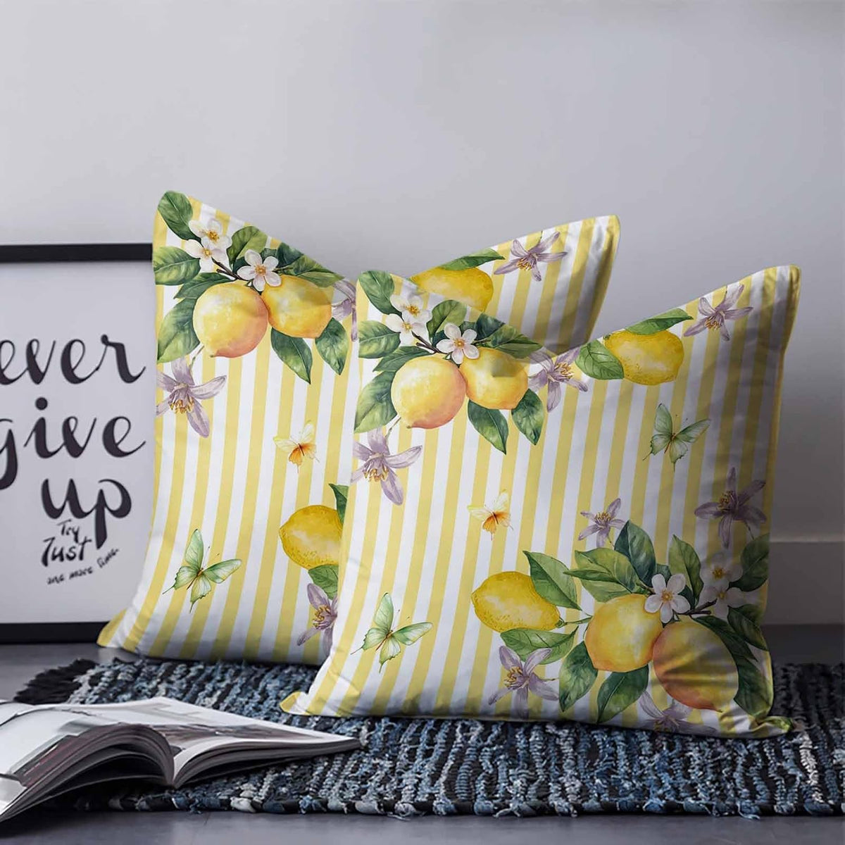 Lemon 2PCS Throw Pillow Covers for Couch Sofa Bed, Butterfly Flower Yellow Stripes Pillow Covers 18x18 inch, Standard Pillowcases Set Decorative Cushion Covers for Living Room Bedroom