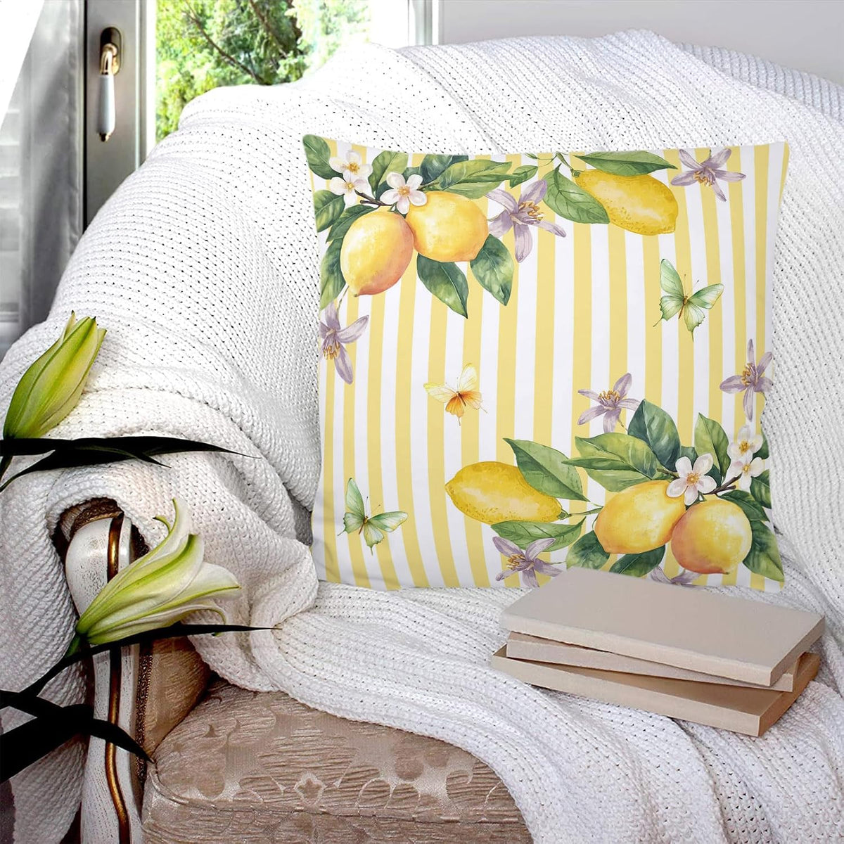 Lemon 2PCS Throw Pillow Covers for Couch Sofa Bed, Butterfly Flower Yellow Stripes Pillow Covers 18x18 inch, Standard Pillowcases Set Decorative Cushion Covers for Living Room Bedroom