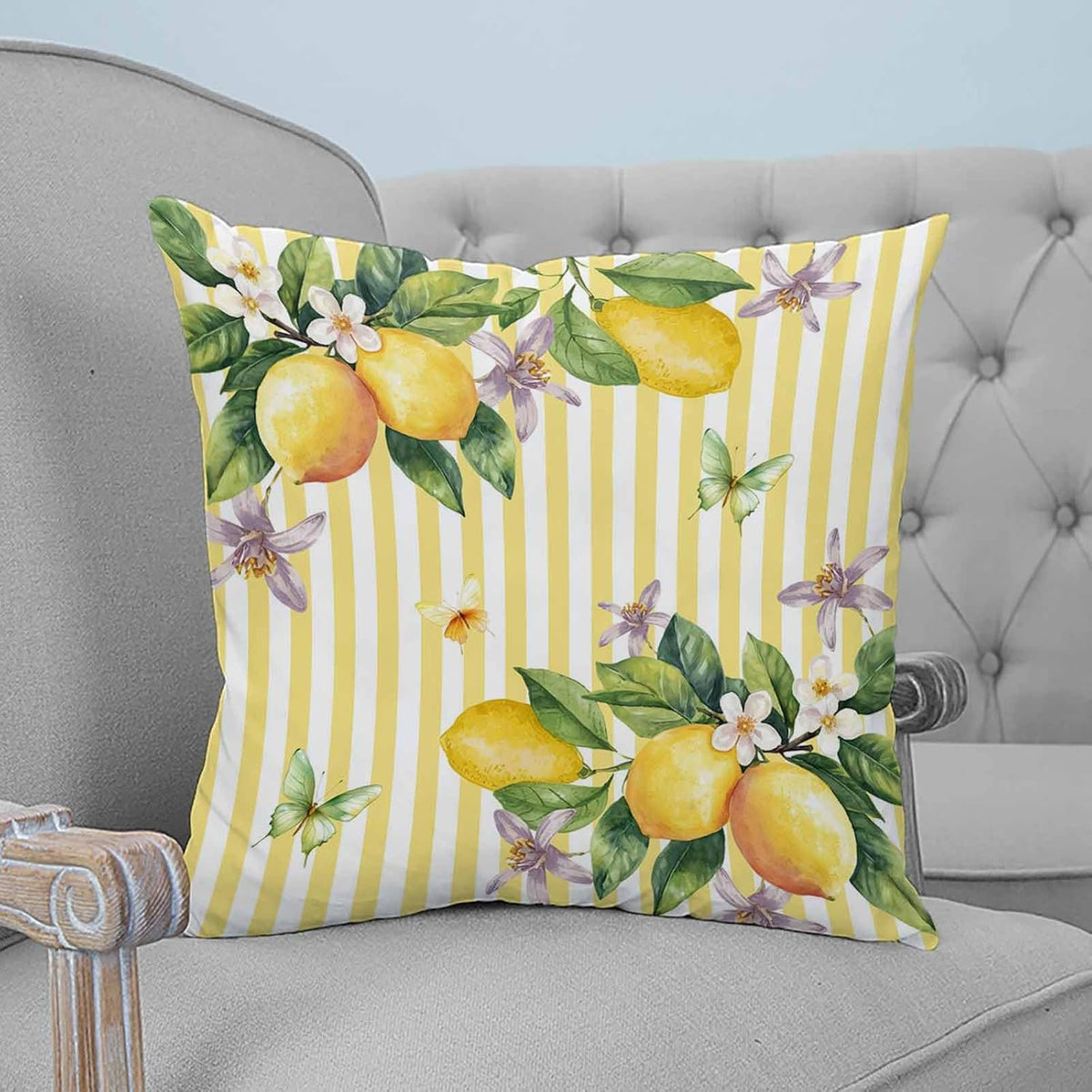 Lemon 2PCS Throw Pillow Covers for Couch Sofa Bed, Butterfly Flower Yellow Stripes Pillow Covers 18x18 inch, Standard Pillowcases Set Decorative Cushion Covers for Living Room Bedroom