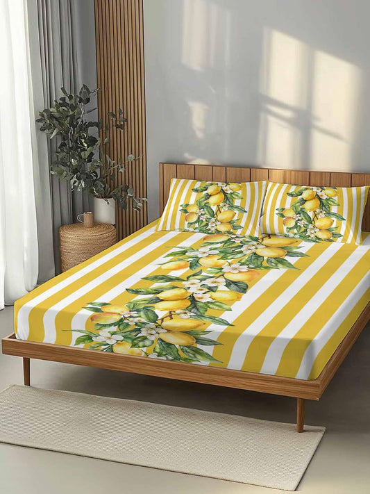 3 Pieces Twin Fitted Sheet Set, Watercolor Summer Farm Lemon Leaves Deep Pocket Up to 16", Yellow Stripe Soft Elastic Bed Sheets and Pillow Cases Secure Fit