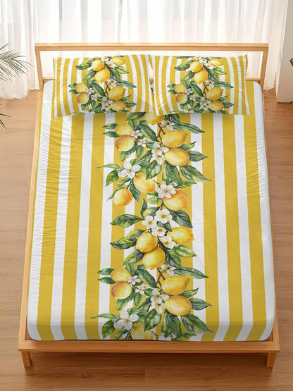 3 Pieces Twin Fitted Sheet Set, Watercolor Summer Farm Lemon Leaves Deep Pocket Up to 16", Yellow Stripe Soft Elastic Bed Sheets and Pillow Cases Secure Fit