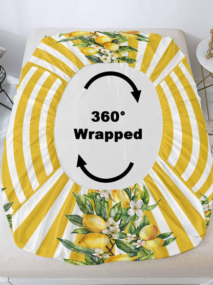 3 Pieces Twin Fitted Sheet Set, Watercolor Summer Farm Lemon Leaves Deep Pocket Up to 16", Yellow Stripe Soft Elastic Bed Sheets and Pillow Cases Secure Fit