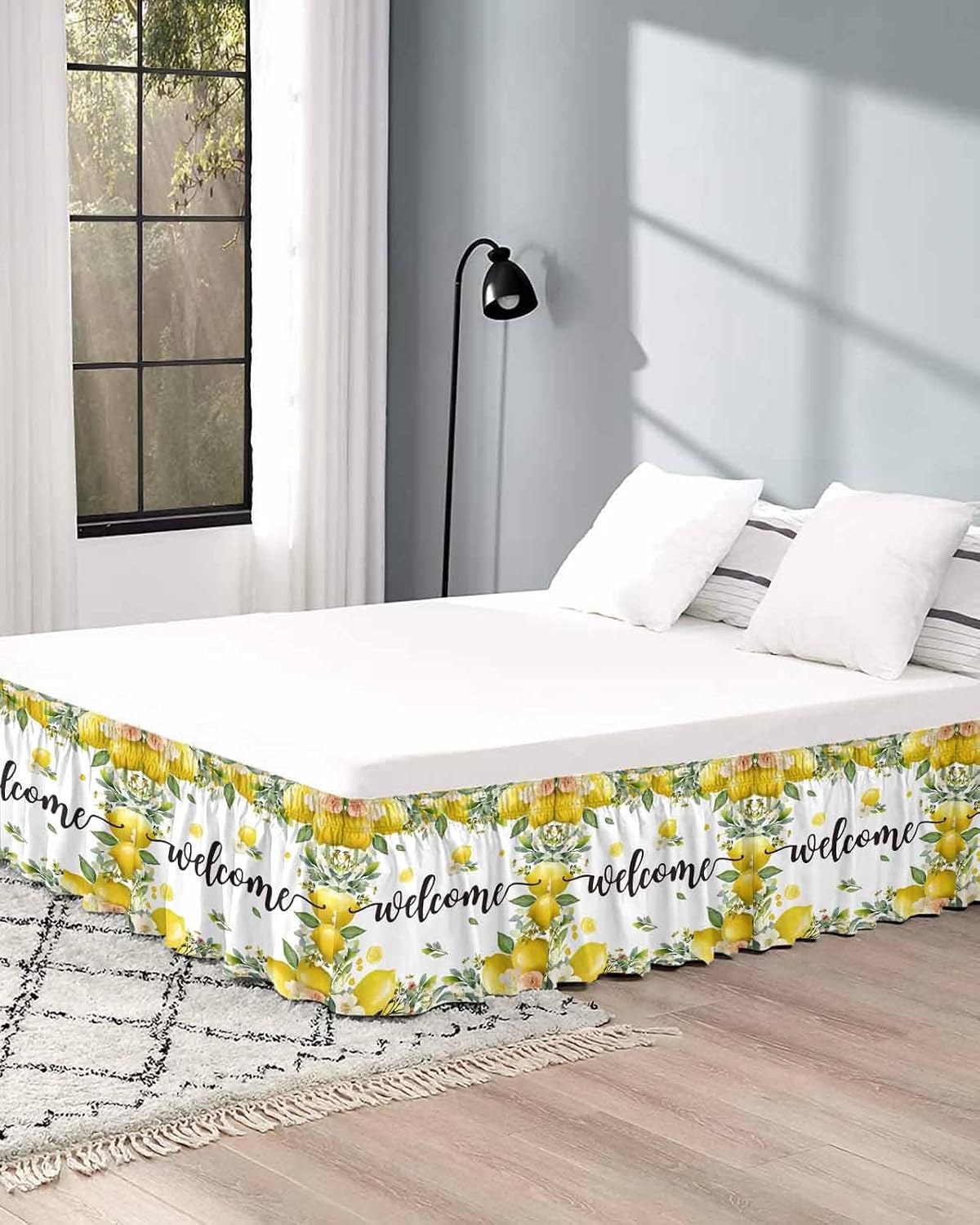 Summer Lemon Bed Skirt Queen Size 16 Inch Drop, Adjustable Elastic Wrap Around Bed Skirts Easy Fitting Dust Ruffle Bedskirt Bed Frame Cover Spring Yellow Fruits Green Leaf Plant