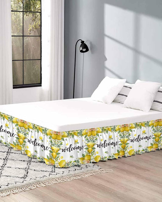 Summer Lemon Bed Skirt Queen Size 16 Inch Drop, Adjustable Elastic Wrap Around Bed Skirts Easy Fitting Dust Ruffle Bedskirt Bed Frame Cover Spring Yellow Fruits Green Leaf Plant