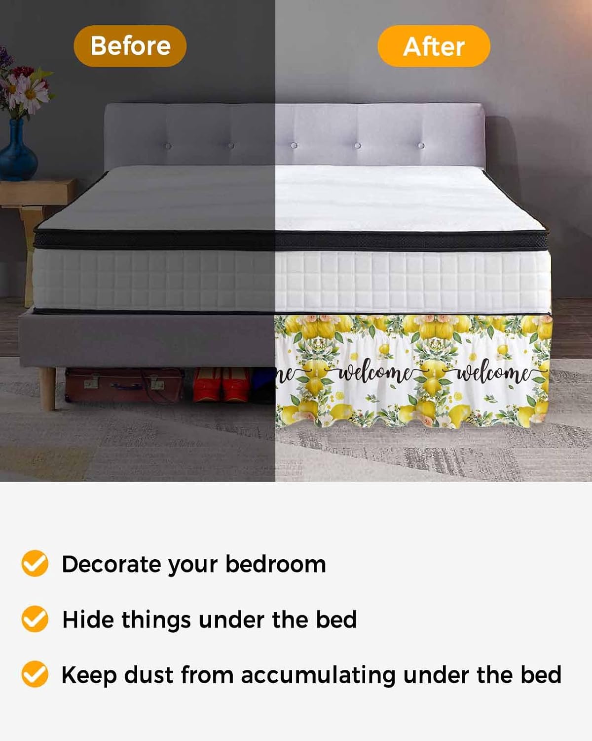 Summer Lemon Bed Skirt Queen Size 16 Inch Drop, Adjustable Elastic Wrap Around Bed Skirts Easy Fitting Dust Ruffle Bedskirt Bed Frame Cover Spring Yellow Fruits Green Leaf Plant