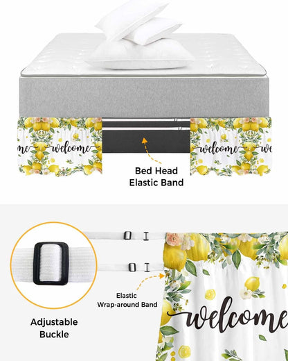 Summer Lemon Bed Skirt Queen Size 16 Inch Drop, Adjustable Elastic Wrap Around Bed Skirts Easy Fitting Dust Ruffle Bedskirt Bed Frame Cover Spring Yellow Fruits Green Leaf Plant