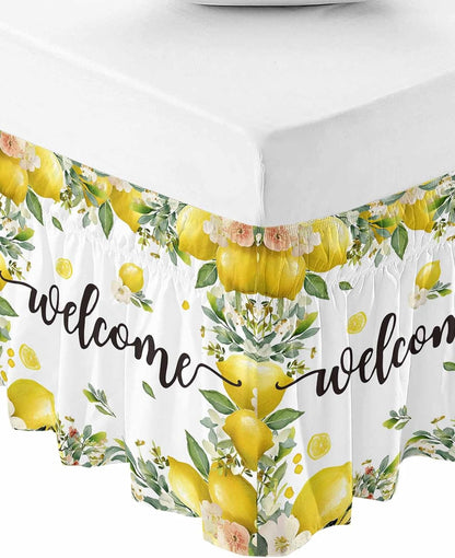 Summer Lemon Bed Skirt Queen Size 16 Inch Drop, Adjustable Elastic Wrap Around Bed Skirts Easy Fitting Dust Ruffle Bedskirt Bed Frame Cover Spring Yellow Fruits Green Leaf Plant