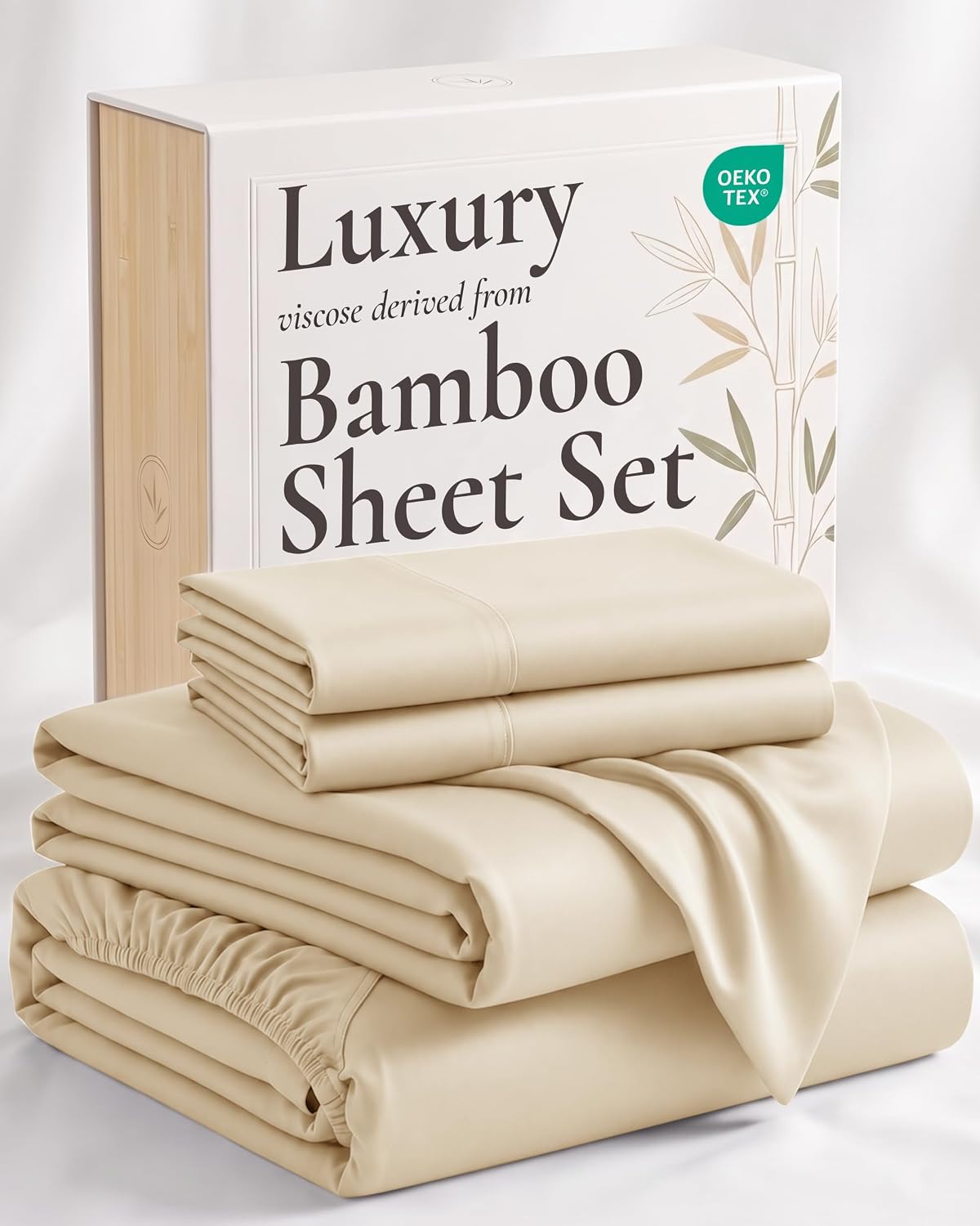 4 Piece Bed Sheet Set Queen Size, 100% Viscose Derived from Bamboo Sheets Set with 2 Pillowcases, Cooling & Breathable Luxury Bedding, Moisture-Wicking & Silky Soft, Light Yellow