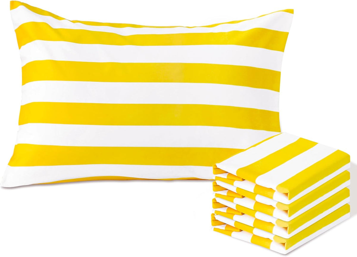 Queen Pillowcases Set of 4 – Yellow and White Striped 1800 Thread Count Brushed Microfiber Pillow Covers, Ultra Soft and Cozy with Envelope Closure, 20x30 Inches