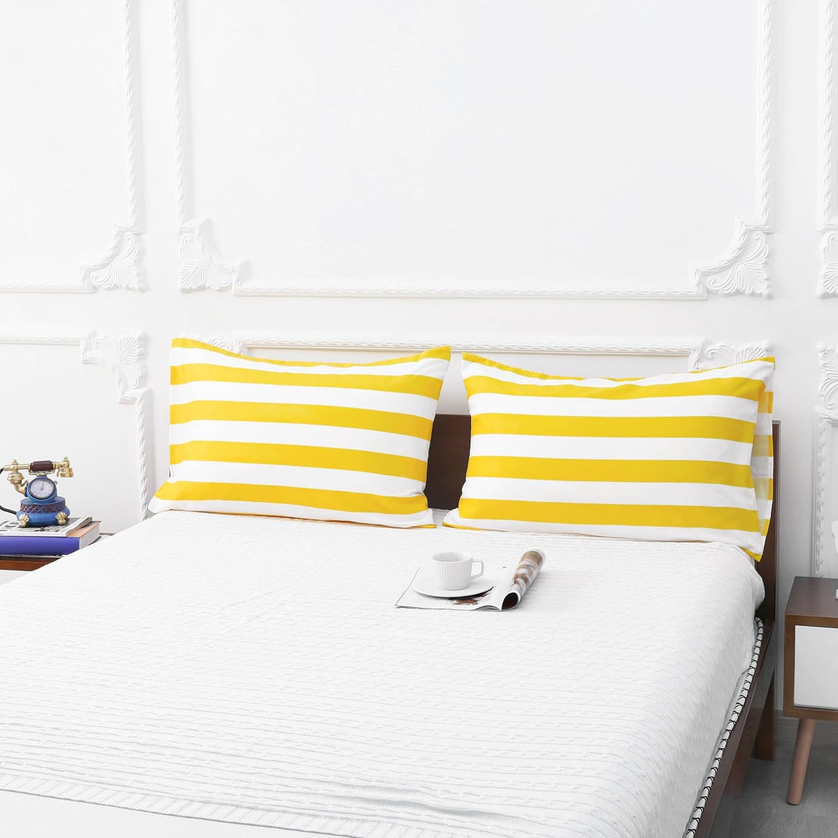 Queen Pillowcases Set of 4 – Yellow and White Striped 1800 Thread Count Brushed Microfiber Pillow Covers, Ultra Soft and Cozy with Envelope Closure, 20x30 Inches