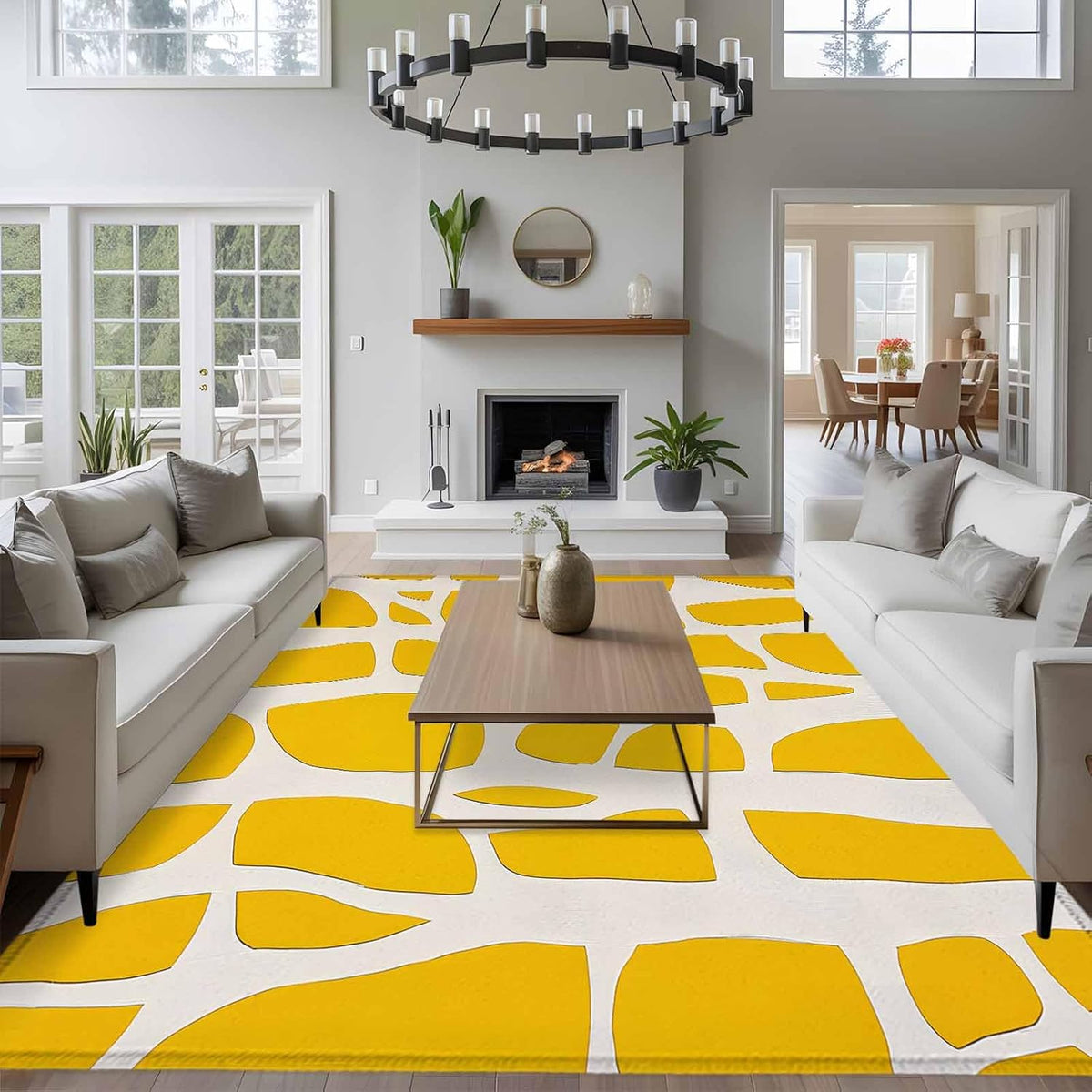 Abstract 5'x7' Area Rugs, Modernism Yellow Color Block Line Pattern Washable Area Rugs Non-Slip Indoor Floor Mats Carpet for Living Room Bedroom Dining Room