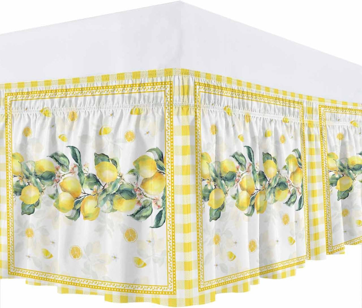 Yellow Lemon Wrap Around Bed Skirt Queen Size, Dust Ruffled 16 Inch Tailored Drop with Adjustable Elastic Belt Pleated, Summer Botanical Plaid Elegant Pastoral Luxury Bedding Skirts for Bedroom