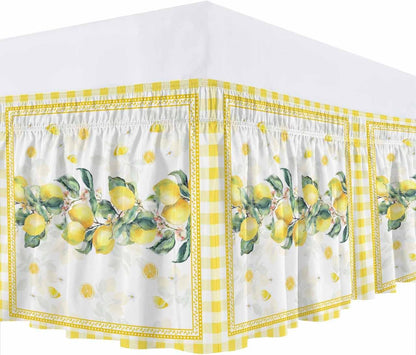 Yellow Lemon Wrap Around Bed Skirt Queen Size, Dust Ruffled 16 Inch Tailored Drop with Adjustable Elastic Belt Pleated, Summer Botanical Plaid Elegant Pastoral Luxury Bedding Skirts for Bedroom