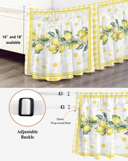 Yellow Lemon Wrap Around Bed Skirt Queen Size, Dust Ruffled 16 Inch Tailored Drop with Adjustable Elastic Belt Pleated, Summer Botanical Plaid Elegant Pastoral Luxury Bedding Skirts for Bedroom