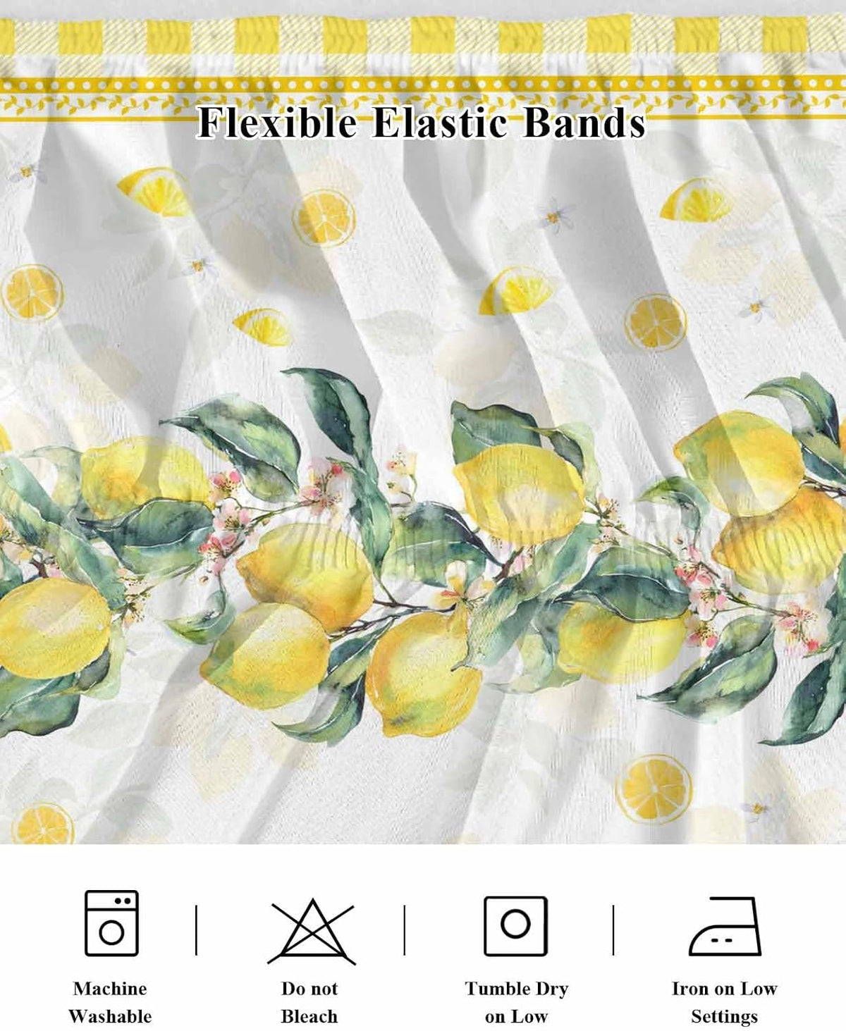 Yellow Lemon Wrap Around Bed Skirt Queen Size, Dust Ruffled 16 Inch Tailored Drop with Adjustable Elastic Belt Pleated, Summer Botanical Plaid Elegant Pastoral Luxury Bedding Skirts for Bedroom