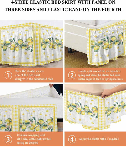 Yellow Lemon Wrap Around Bed Skirt Queen Size, Dust Ruffled 16 Inch Tailored Drop with Adjustable Elastic Belt Pleated, Summer Botanical Plaid Elegant Pastoral Luxury Bedding Skirts for Bedroom
