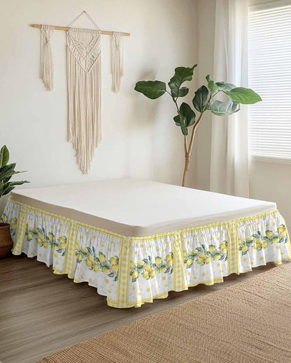 Yellow Lemon Wrap Around Bed Skirt Queen Size, Dust Ruffled 16 Inch Tailored Drop with Adjustable Elastic Belt Pleated, Summer Botanical Plaid Elegant Pastoral Luxury Bedding Skirts for Bedroom