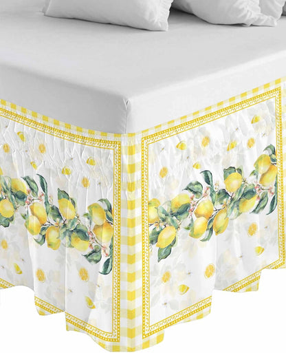 Yellow Lemon Wrap Around Bed Skirt Queen Size, Dust Ruffled 16 Inch Tailored Drop with Adjustable Elastic Belt Pleated, Summer Botanical Plaid Elegant Pastoral Luxury Bedding Skirts for Bedroom