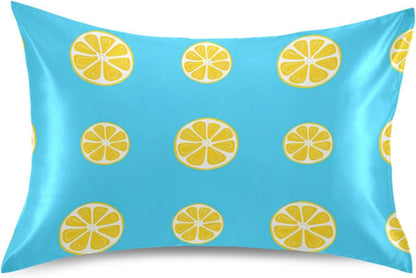 Yellow Lemon Slices Satin Pillowcase for Hair and Skin, Soft Breathable Pillow Case Anti-Wrinkle Cooling Silk Pillow Cover with Envelope Closure for Bedroom, Standard 20 x 26 Inches