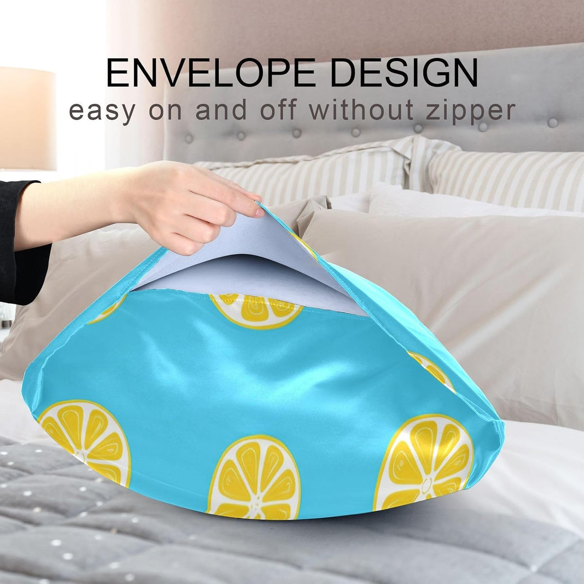 Yellow Lemon Slices Satin Pillowcase for Hair and Skin, Soft Breathable Pillow Case Anti-Wrinkle Cooling Silk Pillow Cover with Envelope Closure for Bedroom, Standard 20 x 26 Inches