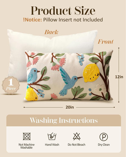 Embroidered Lumbar Pillow Cover 20x12 Inch, Bird Lemon