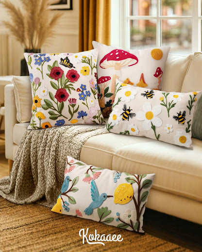 Embroidered Lumbar Pillow Cover 20x12 Inch, Bird Lemon