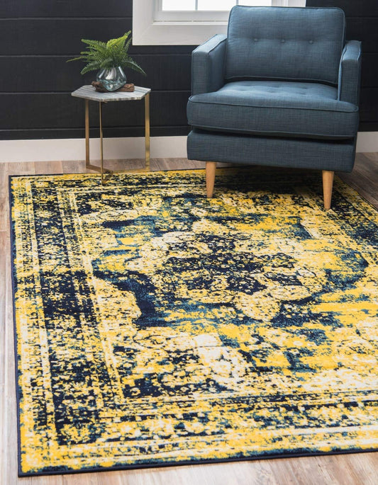 Sofia Collection Area Rug - Salle Garnier (5' 3" x 8' Rectangle, Navy Blue/ Yellow)