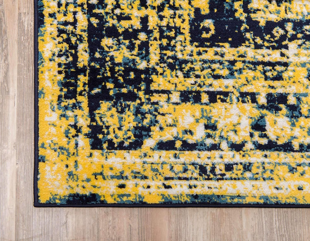 Sofia Collection Area Rug - Salle Garnier (5' 3" x 8' Rectangle, Navy Blue/ Yellow)