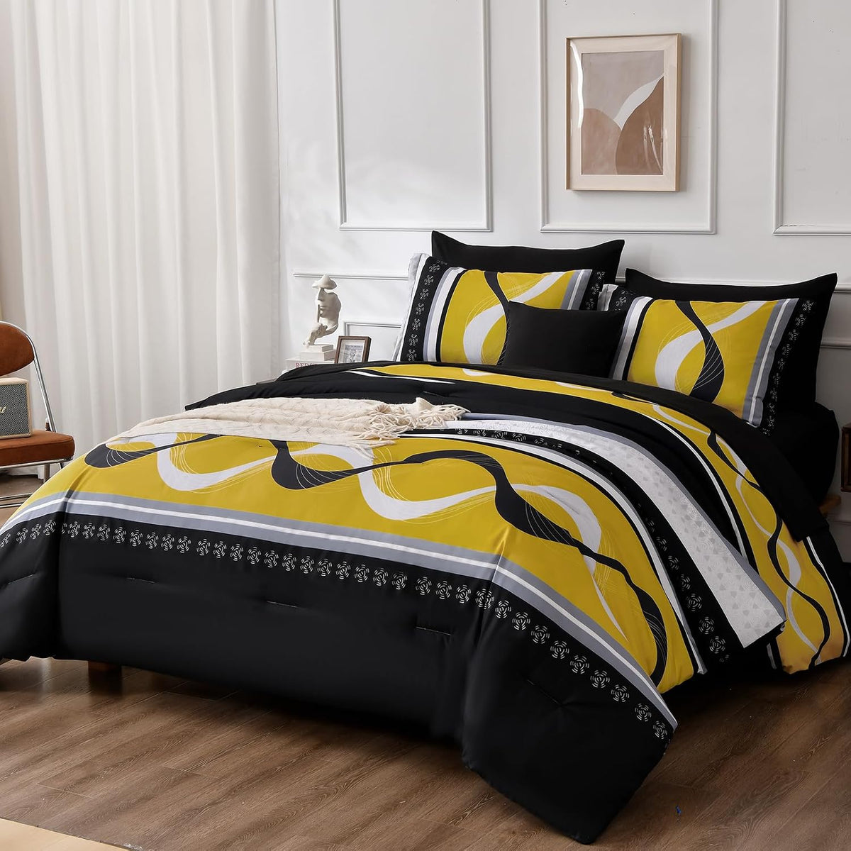 Black Yellow Comforter Set Queen Size,8 Pieces Bed in a Bag