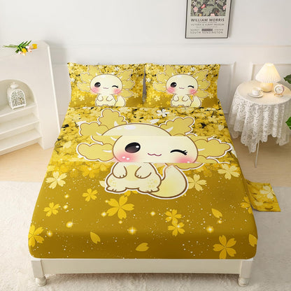 QOOMO Cartoon Animals Kids Sheet Set Queen Size,Kawaii Axolotl Print Bedding Set Lightweight All Seasons,Yellow Sets for Room Decoration,1 Fitted Sheet,1 Flat Sheet,2 Pillow Cases