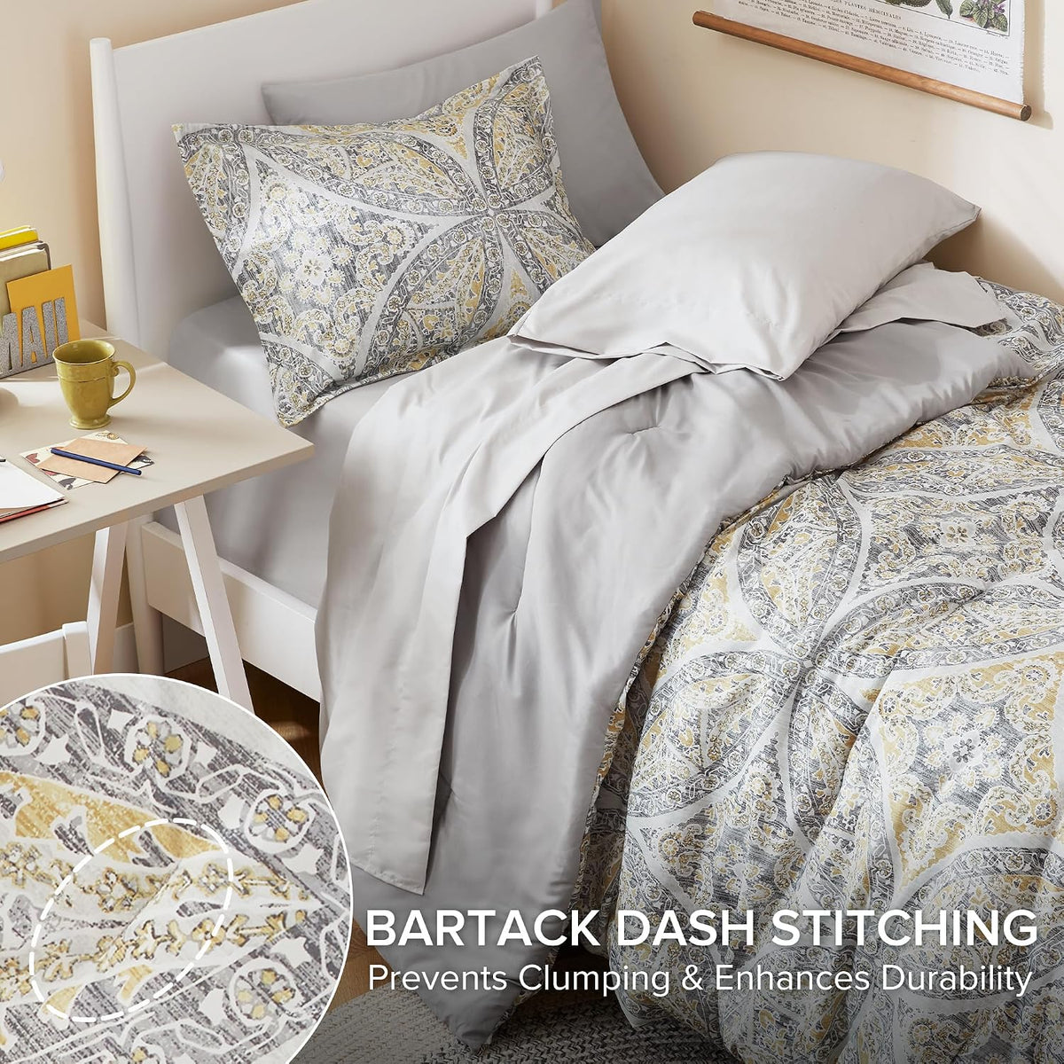 Gloria Comforter Set, Twin XL, 6 Piece, Gray/Yellow
