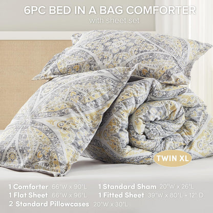 Gloria Comforter Set, Twin XL, 6 Piece, Gray/Yellow