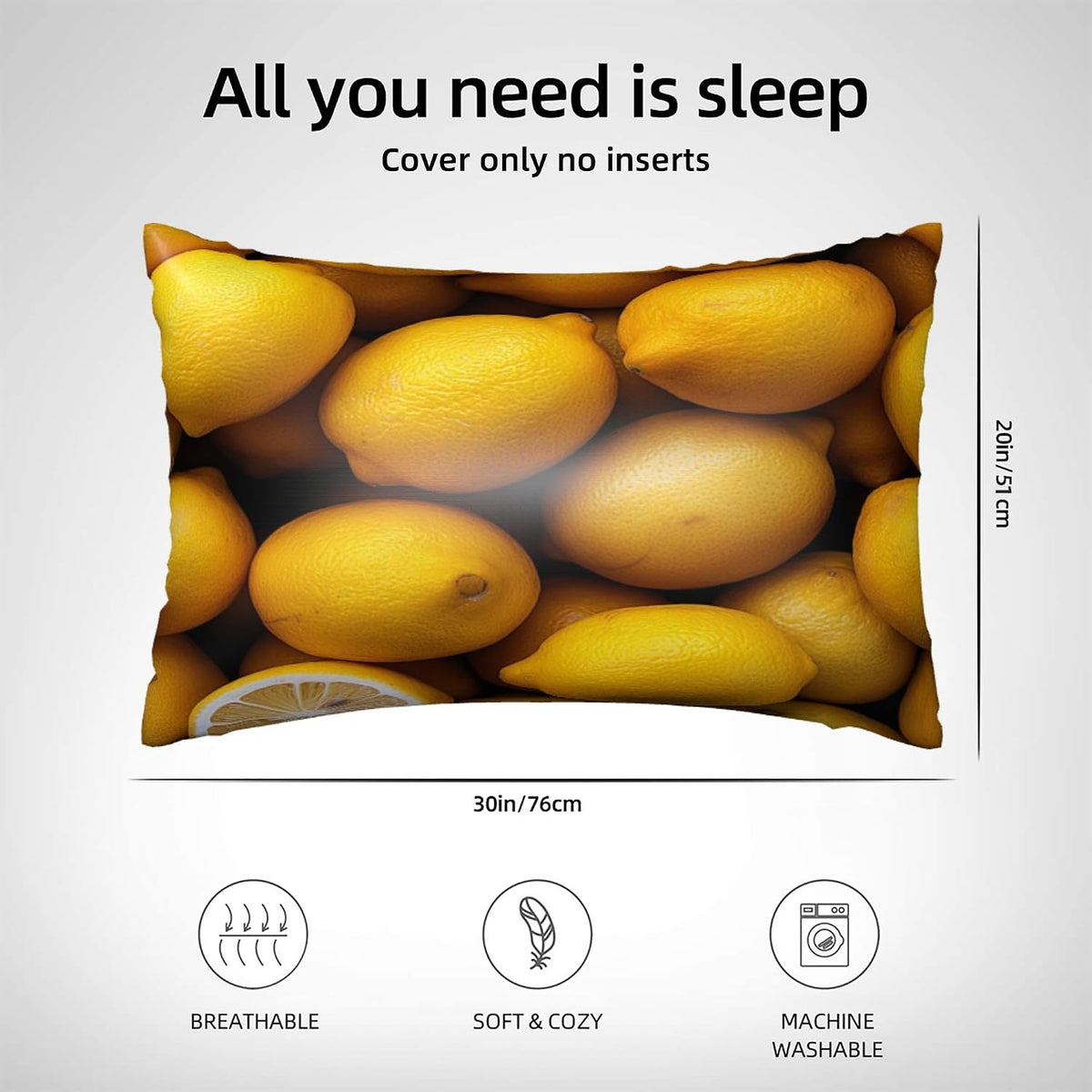 Yellow Lemons Satin Pillowcase with Zipper Queen Size Pillow Cover 20"x30" Silk Pillow Case for Hair and Skin Cooling Pillowcase