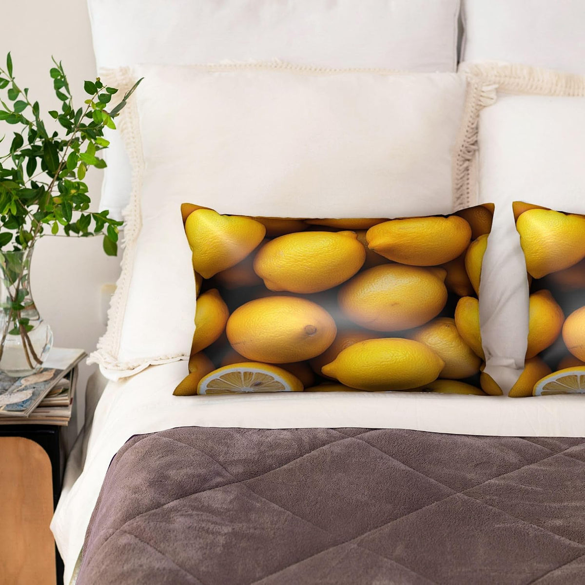 Yellow Lemons Satin Pillowcase with Zipper Queen Size Pillow Cover 20"x30" Silk Pillow Case for Hair and Skin Cooling Pillowcase