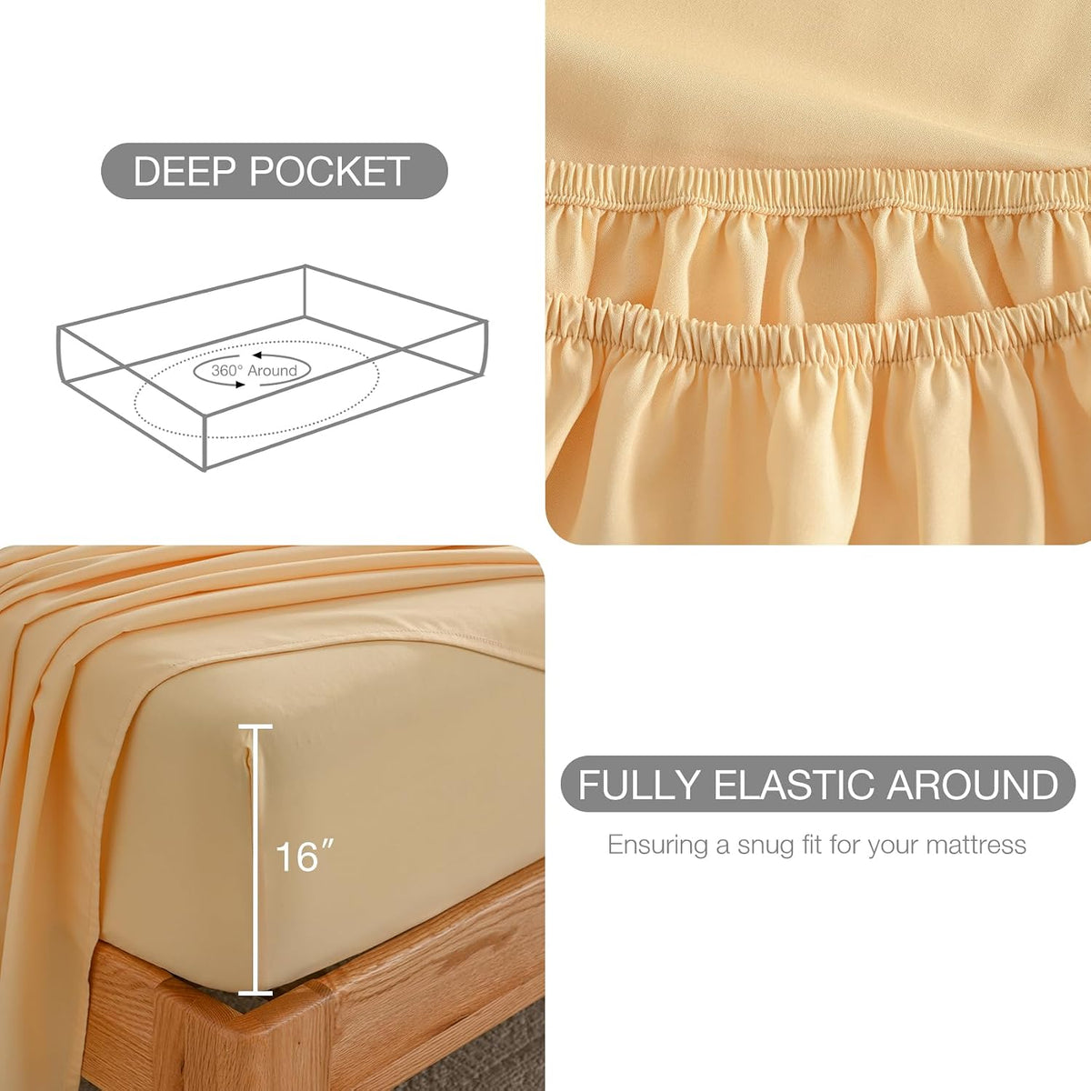 Full Size Bed Sheets Set, Yellow Cooling Hypoallergenic Microfiber Double Bed Sheets, Soft Oeko-Tex Extra Deep Pocket Sheets & Pillowcases Wrinkle Free Bedsheets