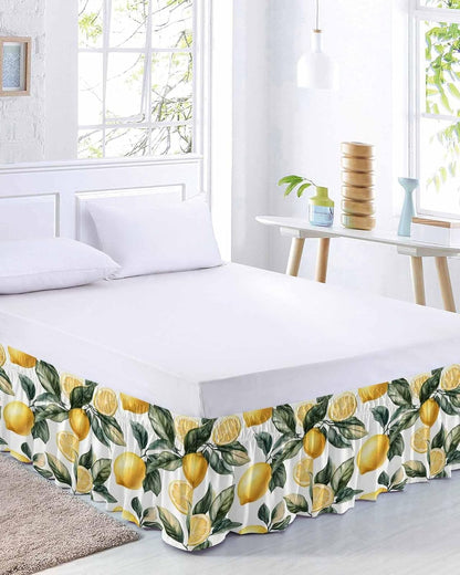 Lemon Bed Skirt Queen Size 16 Inch Drop, Adjustable Elastic Wrap Around Bed Skirts Easy Fitting Dust Ruffle Bedskirt Bed Frame Cover Summer Yellow Fruit Country Spring Leaf Plant
