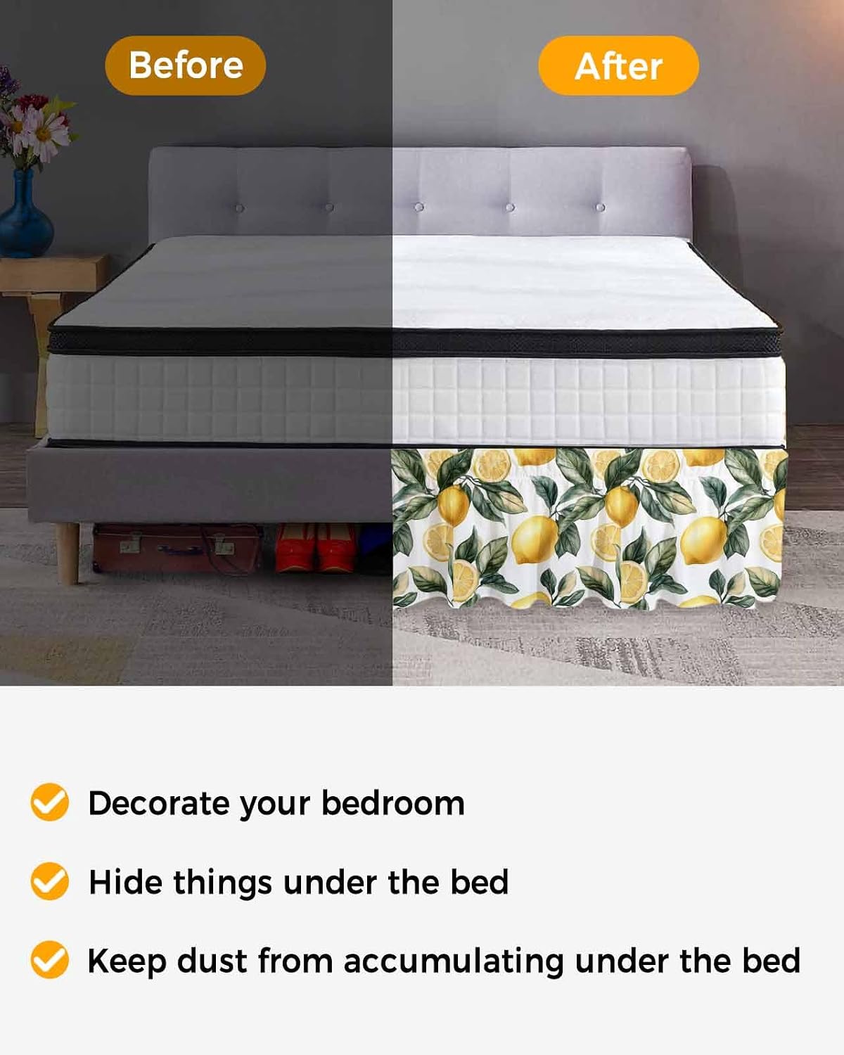 Lemon Bed Skirt Queen Size 16 Inch Drop, Adjustable Elastic Wrap Around Bed Skirts Easy Fitting Dust Ruffle Bedskirt Bed Frame Cover Summer Yellow Fruit Country Spring Leaf Plant