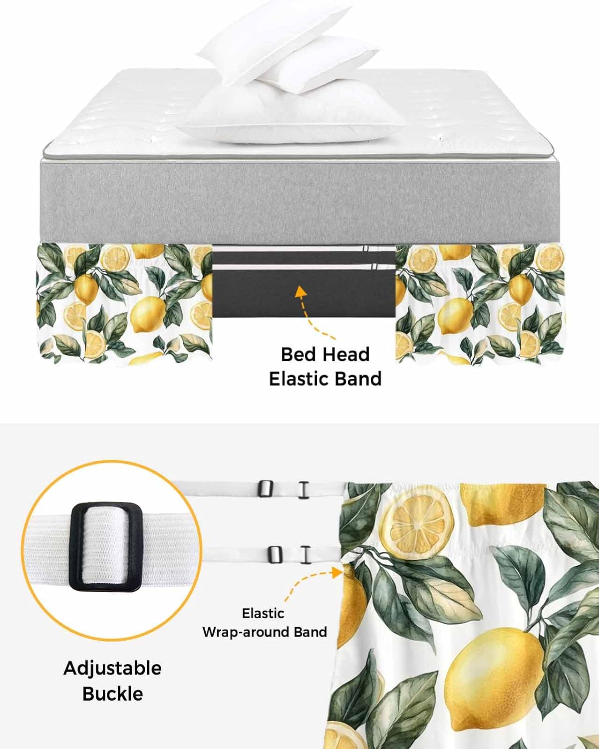 Lemon Bed Skirt Queen Size 16 Inch Drop, Adjustable Elastic Wrap Around Bed Skirts Easy Fitting Dust Ruffle Bedskirt Bed Frame Cover Summer Yellow Fruit Country Spring Leaf Plant