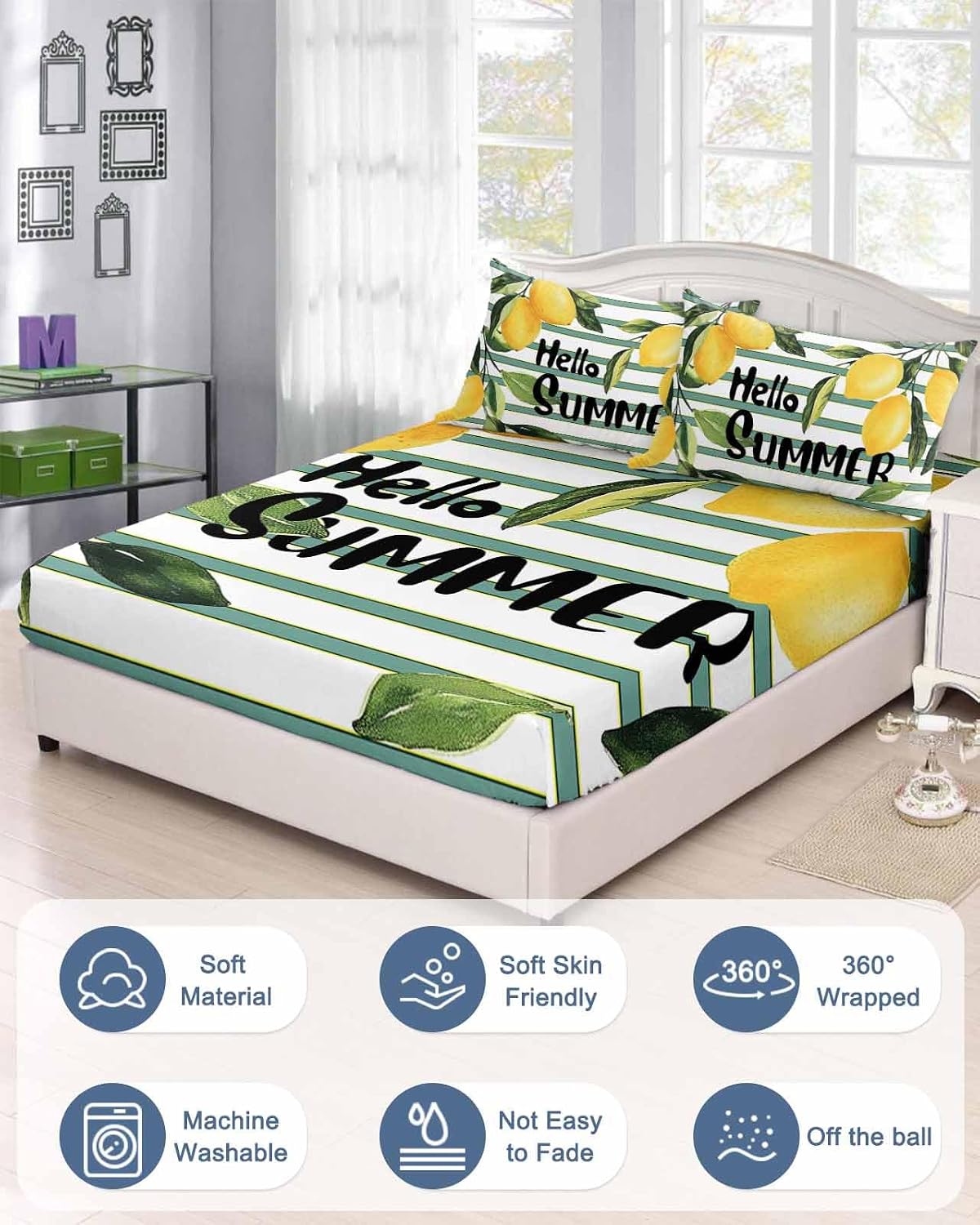 Summer Yellow Lemon Leaf on Striped Twin Bed Fitted Sheets Farmhouse Fruit Theme Bed Set with 16" Deep Pocket for Single Bed,Soft Microfiber Bottom Sheet with Decorative Pillowcases